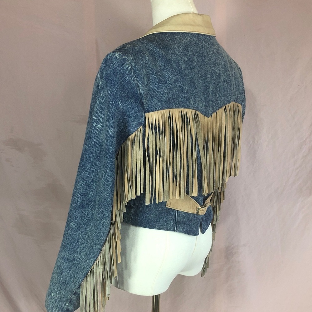 Vintage Blue Denim Western Country Leather Tan Collar Fringe Size Large Like New - Picture 14 of 16
